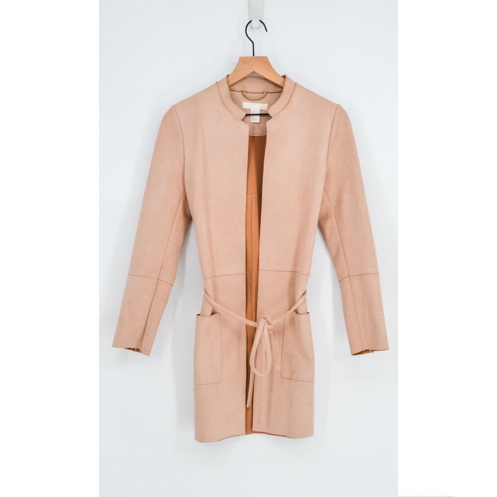 H&M Faux Suede Coat Womens 6 Blush Pink Belted Stand Collar Open Jacket